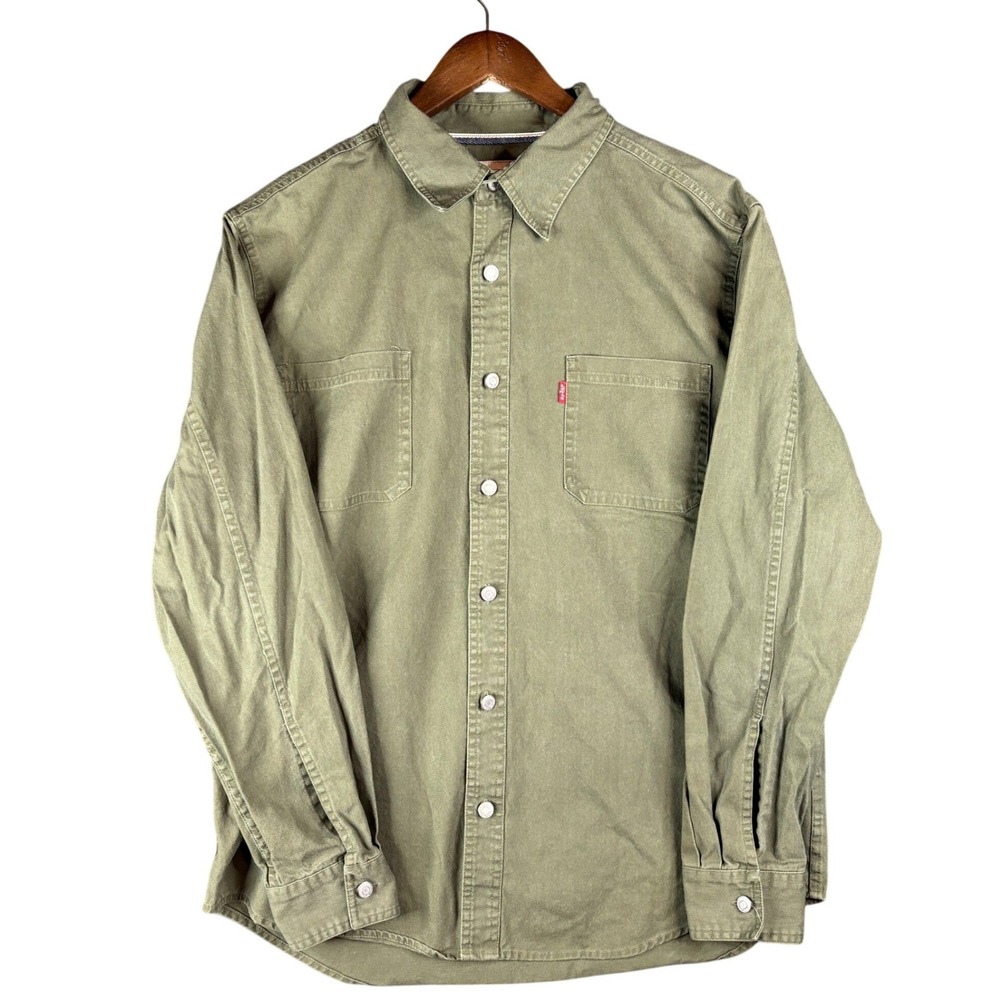 Levis Mens Large Olive Green Cotton Long Sleeve Button Up Shirt Western Casual